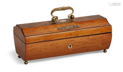 A French satinwood sarcophagus sewing necessaire, 19th century, the lid with gilt metal mounts and