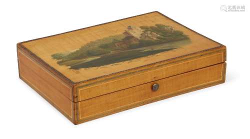 A painted pale satinwood rectangular card box, 19th century, the lid decorated with a landscape