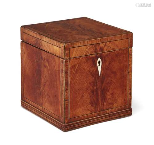 A George III satinwood cube-shape tea caddy, oval inlaid canister to interior, ivory escutcheon,