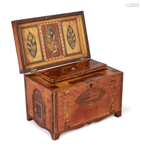 A rare George III satinwood secret door oblong box, inlaid with shells, with a pair of end doors,