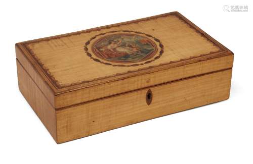 A pale satinwood painted and inlaid rectangular box, 19th century, with divided writing fitted