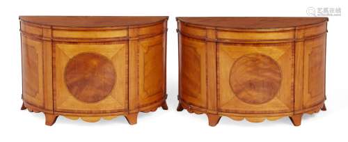 A pair of unusual Hepplewhite-style satinwood demi-lune miniature inlaid commodes, late 19th