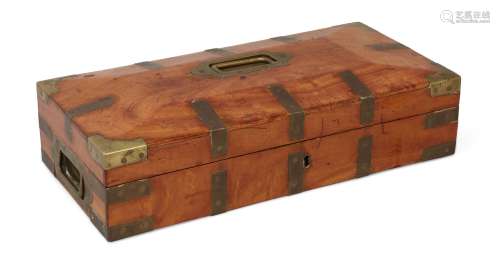 A George III satinwood and brass bound pistol box, the domed top and sides with brass campaign