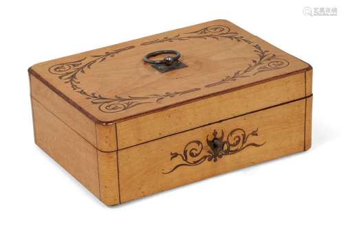 An inlaid sycamore oblong box, 19th century, with white metal ring handle and feet, 19cm
