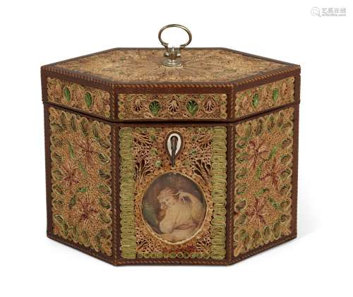 A George III paperscroll hexagonal tea caddy, the front inset with a painted female portrait