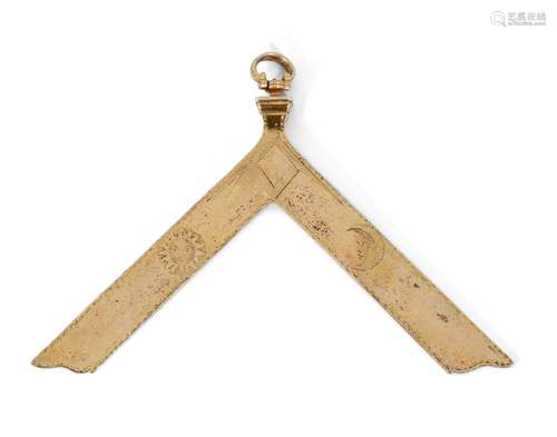 A gold plated Masonic set square jewel, 19th century, with swivel handle fitting, 13.3cm long, (