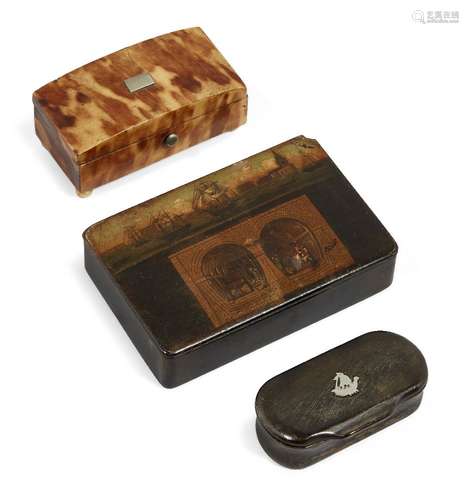 Three snuff boxes, 19th century, including a carved wood example with painted scenes of a harbour