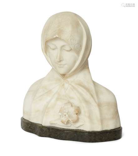 Adolfo Cipriani, Italian, c.1880-1930, an alabaster bust of a hooded woman wearing a floral