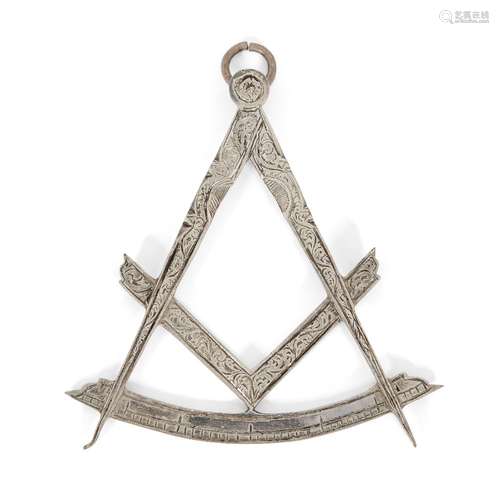 A white metal Worshipful Master Masonic set square and compass jewel, 19th century, loop fitting, (