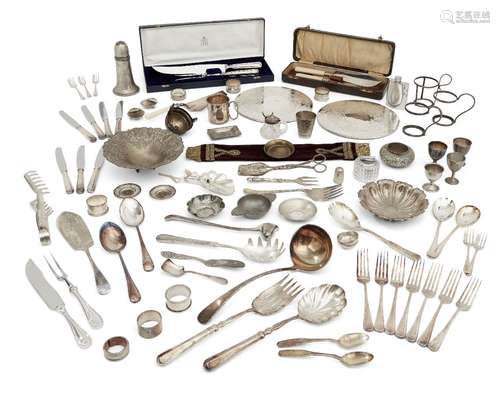 A quantity of small silver plated items and flatware, including: a pair of place mats chased with