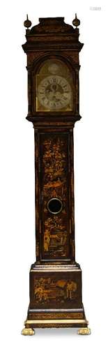 A George II japanned longcase clock by Markwick Markham, London, c.1750, the hood with brass ball