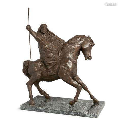 A French bronzed figure of an Arab on horseback, 20th century, modelled holding a spear in his right