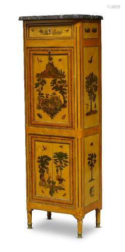 A French lacquered secretaire, 18th Century, decorated with printed decoupage images of trees, fish,