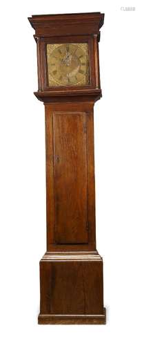 A George III oak longcase clock by Zephaniah Bullock, the plain square hood with glazed door flanked