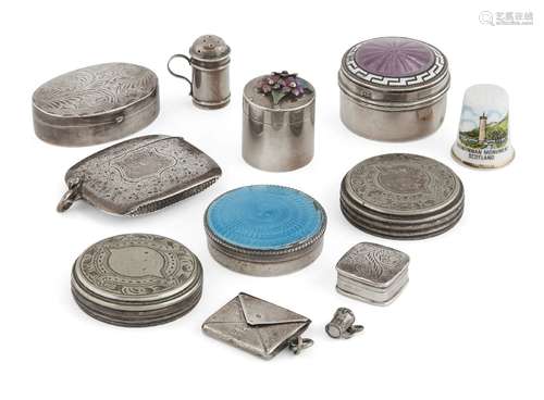 A group of small silver trinket, stamp and pill boxes comprising: a circular silver box with blue