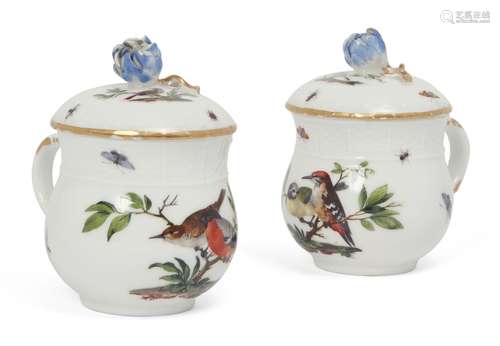 A pair of Meissen custard cups with covers, c. 1763-44, the covers with blue tinted rose and gilt