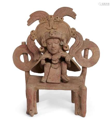 A Teotihuacan terracotta sculpture of a seated figure on a throne, Early Classic period, c. 300-