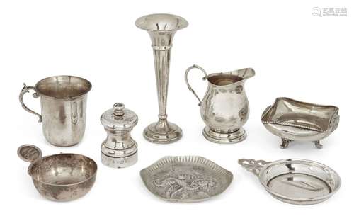 A group of small silver items comprising: a silver posy vase with filled base, Birmingham, c.1952,