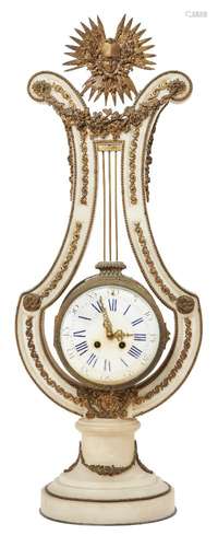 A French gilt-bronze mounted white marble lyre clock, late 19th century, the case with Minerva