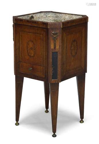 A Dutch satinwood, ebony and inlaid jardiniere, late 18th century, of square chamfered form, with