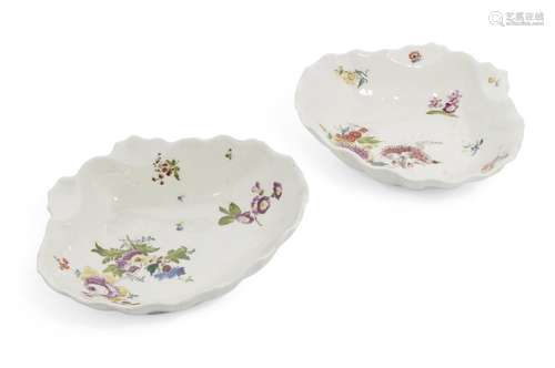 Two Meissen scalloped dishes, 19th century, decorated to the interior with Deutsche Blumen, each