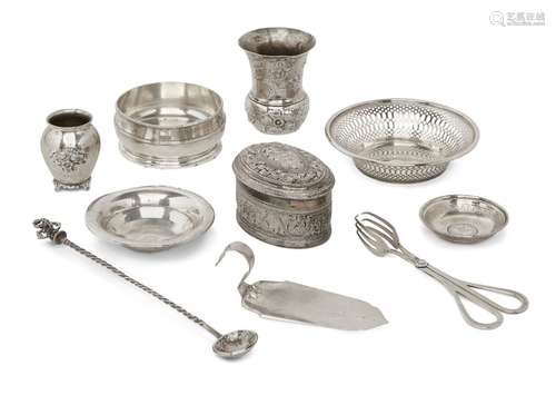 A group of silver and white metal items comprising: a pierced silver bonbon dish, Chester, c.1918,