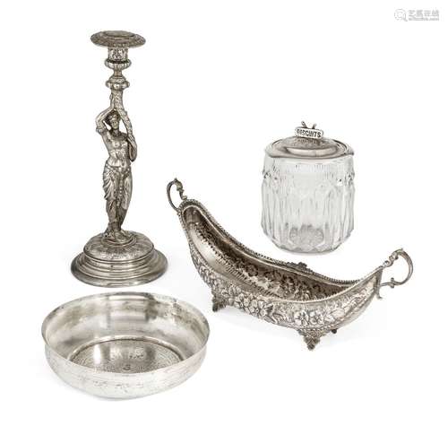 A silver plated candlestick designed as a classical female figure holding the capital of the