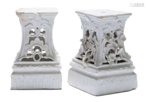 A pair of porcelain white glazed plinths in the Meissen style, mid 18th Century, of tapering form