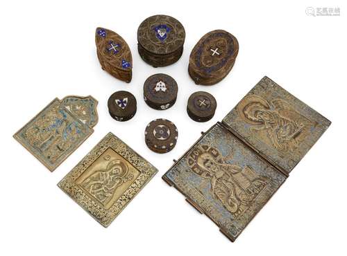 Four Estonian brass and blue enamel bible covers and six silver gilt trinket boxes, late 19th /