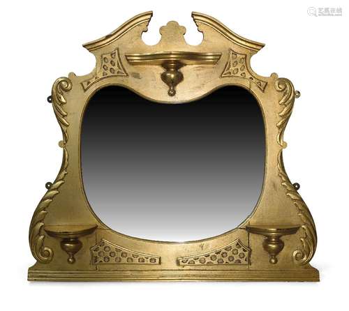 A gilt wall mirror, late 20th century, with broken pediment top and serpentine shelf above shaped