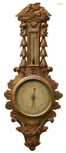 A Louis XVI carved gilt and painted wood barometer, late 18th century, the case carved with