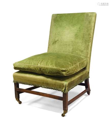 A George III mahogany side chair, upholstered in green velvet material, with loose seat cushion,