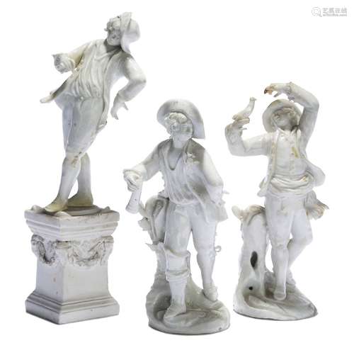 Three white glazed porcelain figures of youths, 18th / 19th century, possibly Bernburg, Thuringia,