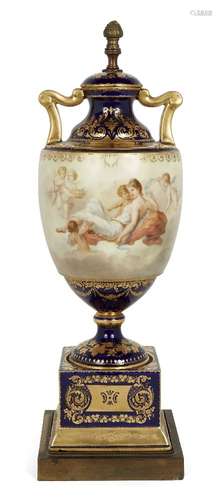 A Vienna porcelain urn-shaped lamp base, c 1900, painted to the body with Venus and nymphs on a