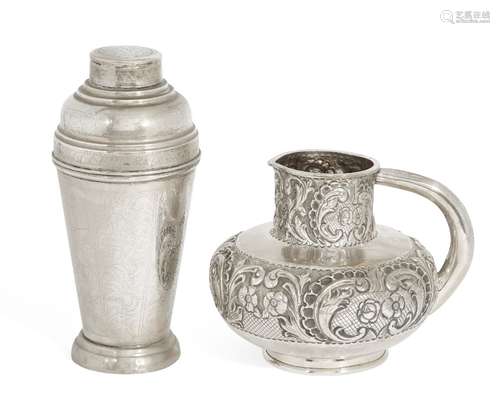 A repousse white metal water jug, of bulbous form with cylindrical neck and curved metal handle,