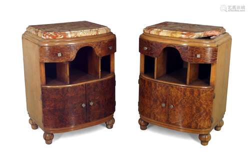 A pair of French birdseye maple bedside cupboards, early to mid 20th century, with red and white