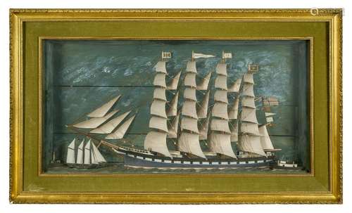 A large glazed cased painted wood ship diorama of the 1875 Norwegian full-rigged schooner