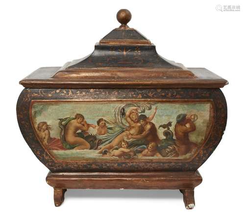 A North Italian polychrome decorated and parcel-gilt casket, 19th century, the front decorated