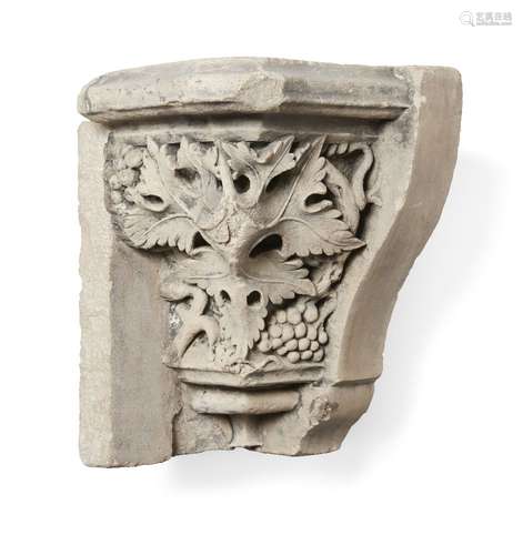 A French sandstone capital, c.1500 style, carved and pierced with grapes and vine leaves, later