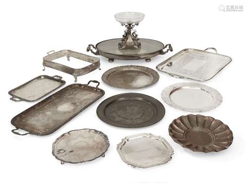 A quantity of silver plated trays and dishes, together with a silver plated table centrepiece dish