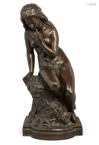 A large French bronze figure of a nude woman, late 19th century, modelled seated in pensive pose