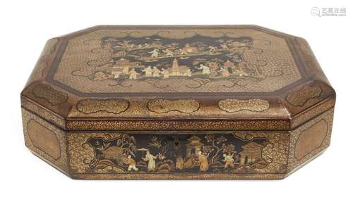 A large Chinese export lacquer work box, early 19th century, of canted rectangular form, the lid