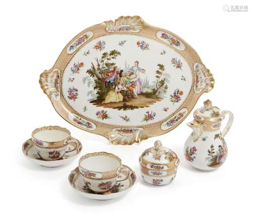 A Meissen porcelain part cabaret set, early 20th century, decorated with domestic scenes after