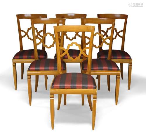 A set of six modern birch dining chairs, late 20th century, with shaped splat backs above grey and