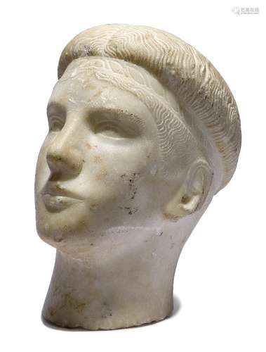 After the Antique, a marble head of a youth wearing a headband, possibly an athlete, 19th Century,