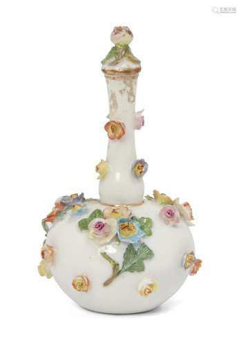 A miniature Meissen floral encrusted gourd shape bottle and stopper, 19th Century, with rose