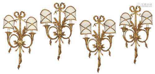 A set of four gilt bronze twin branch wall lights, 20th Century, each designed with French horn form