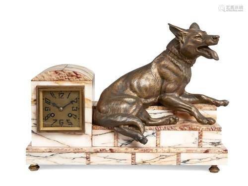 A French Art Deco eight-day spelter and marble mantel clock, 1930s, surmounted with a cast recumbent