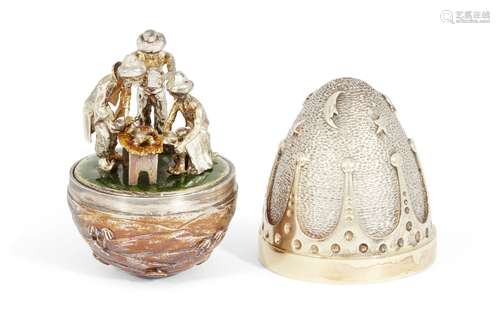 A silver gilt Christmas surprise egg by Stuart Devlin, London, c.1986, opening to reveal the three