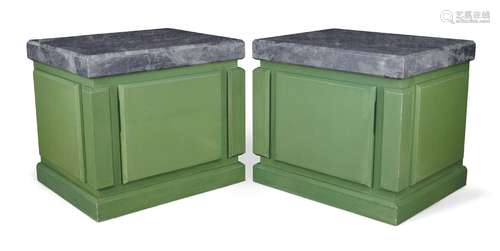 Derek Frost, a pair of green painted pedestal side tables, late 20th century, each with grey and